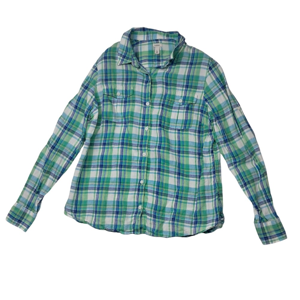 L.L. Bean 100% Linen Button Up Shirt Womens Large Green Plaid Long Sleeve Casual